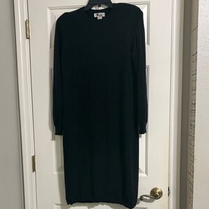 Vintage Kenar Black Long Sleeve Crewneck Knit Midi Wool Sweater Dress